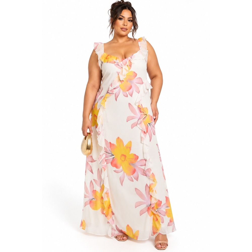 Boohoo Plus Floral Chiffon Strappy Ruffle Maxi Dress Ivory Yellow Pink US 14 NEW